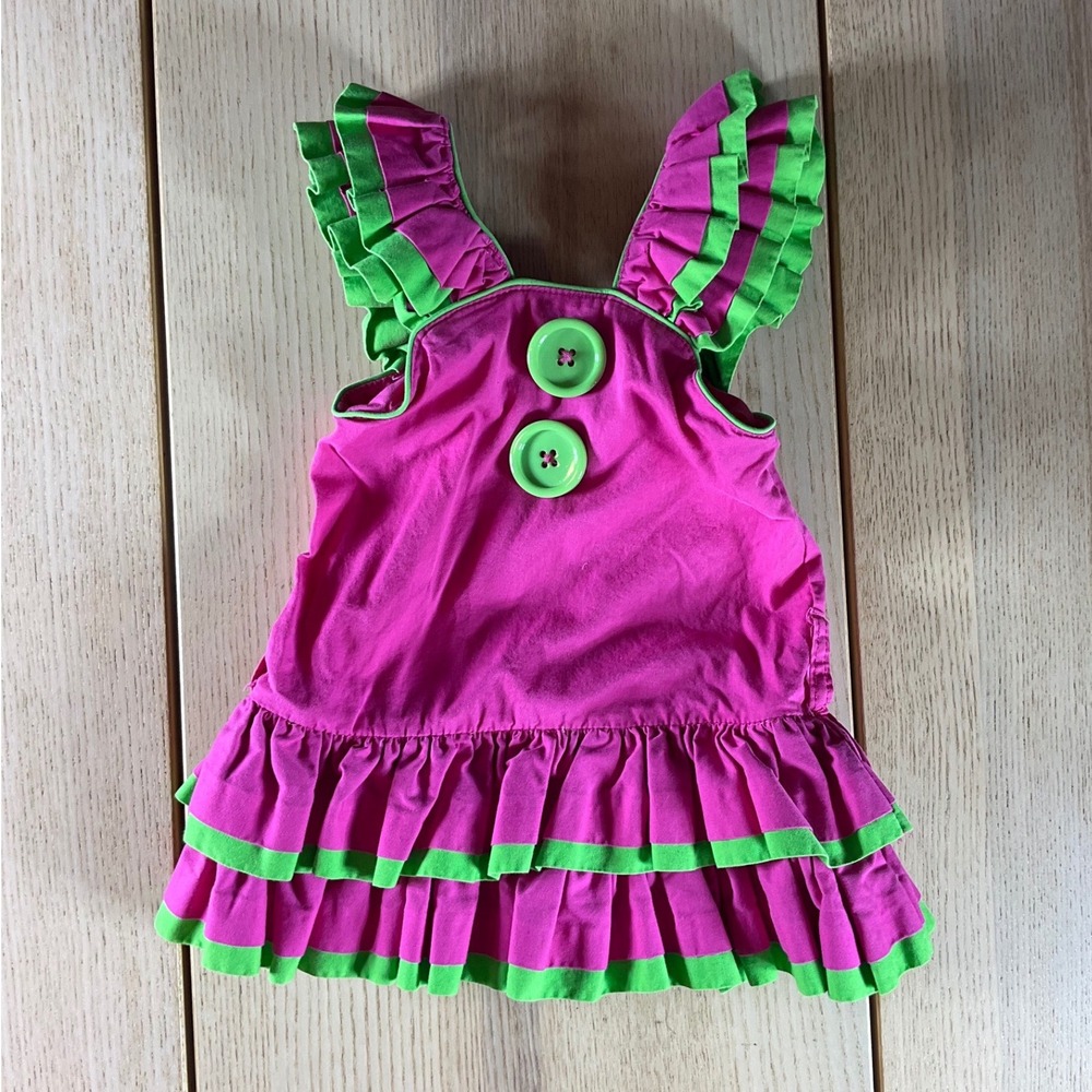 Mud Pie Baby Girls‎ Pink Lime Green Ruffled Tiered Cotton Dress 0-6M